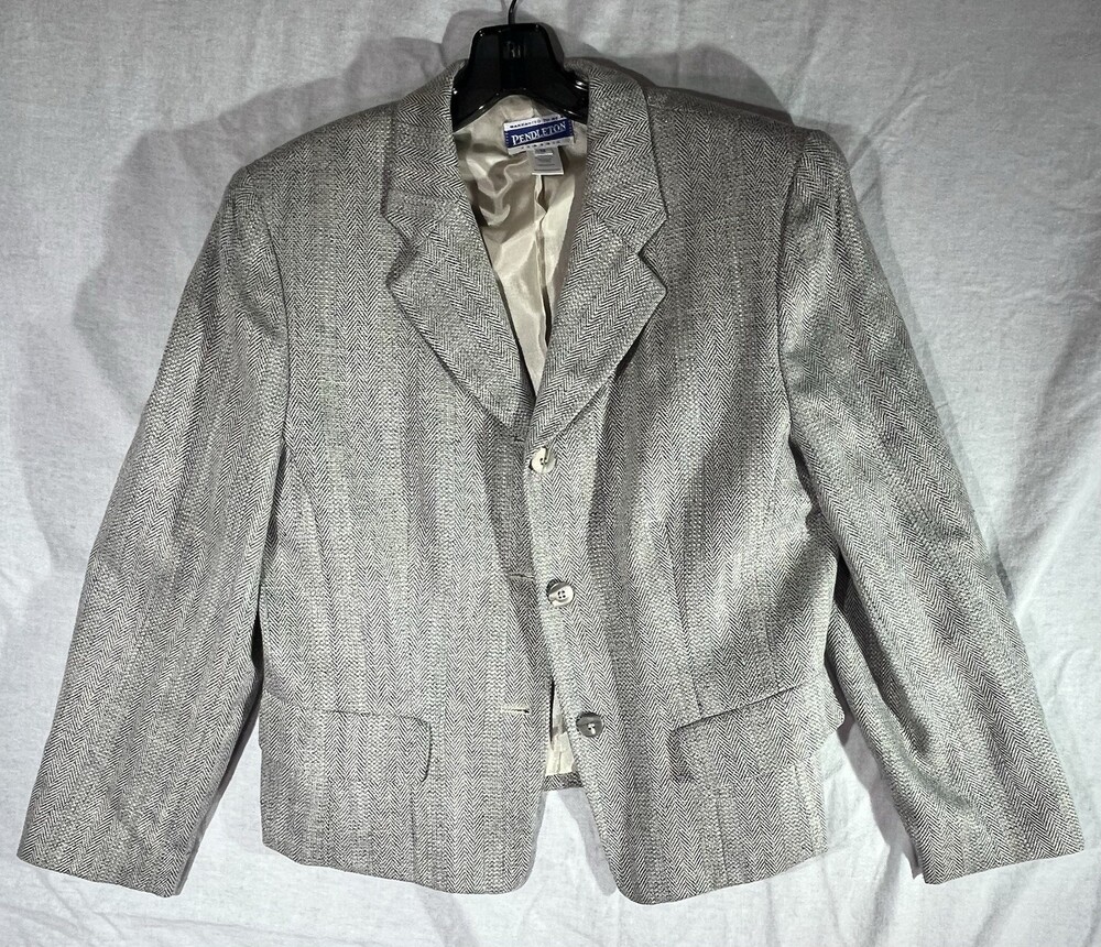 Women’s Vintage Pendleton Blazer Size 12 Gray Herringbone Silk Blend USA
